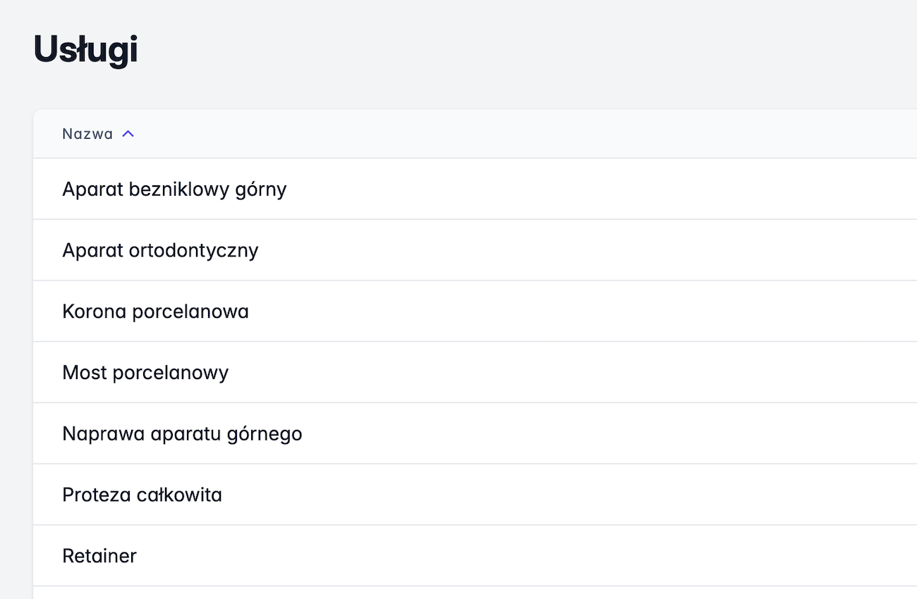 Spis usług w programie